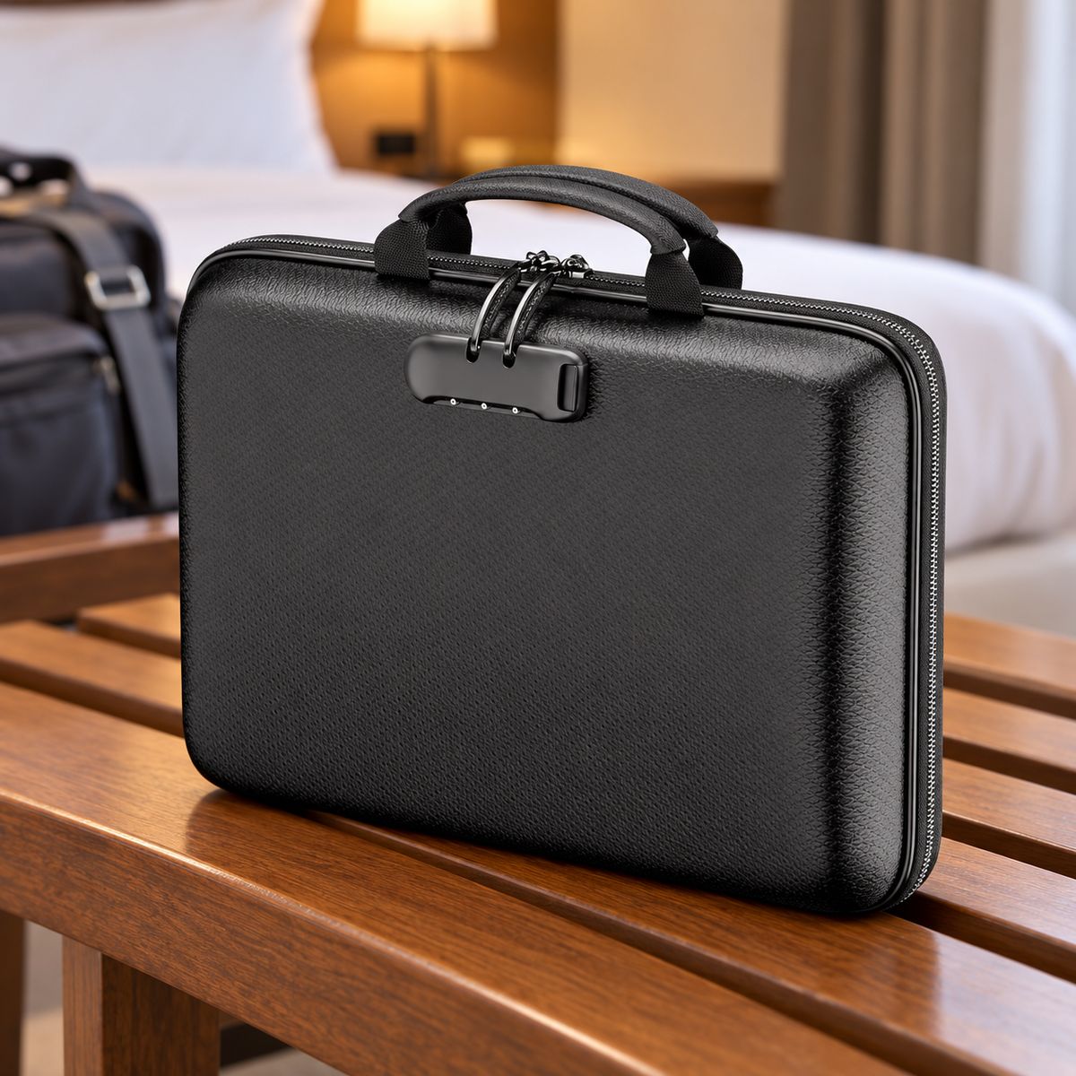 Fireproof & Waterproof EVA Hard-Shell Document Organizer Safe — hotel packing bench
