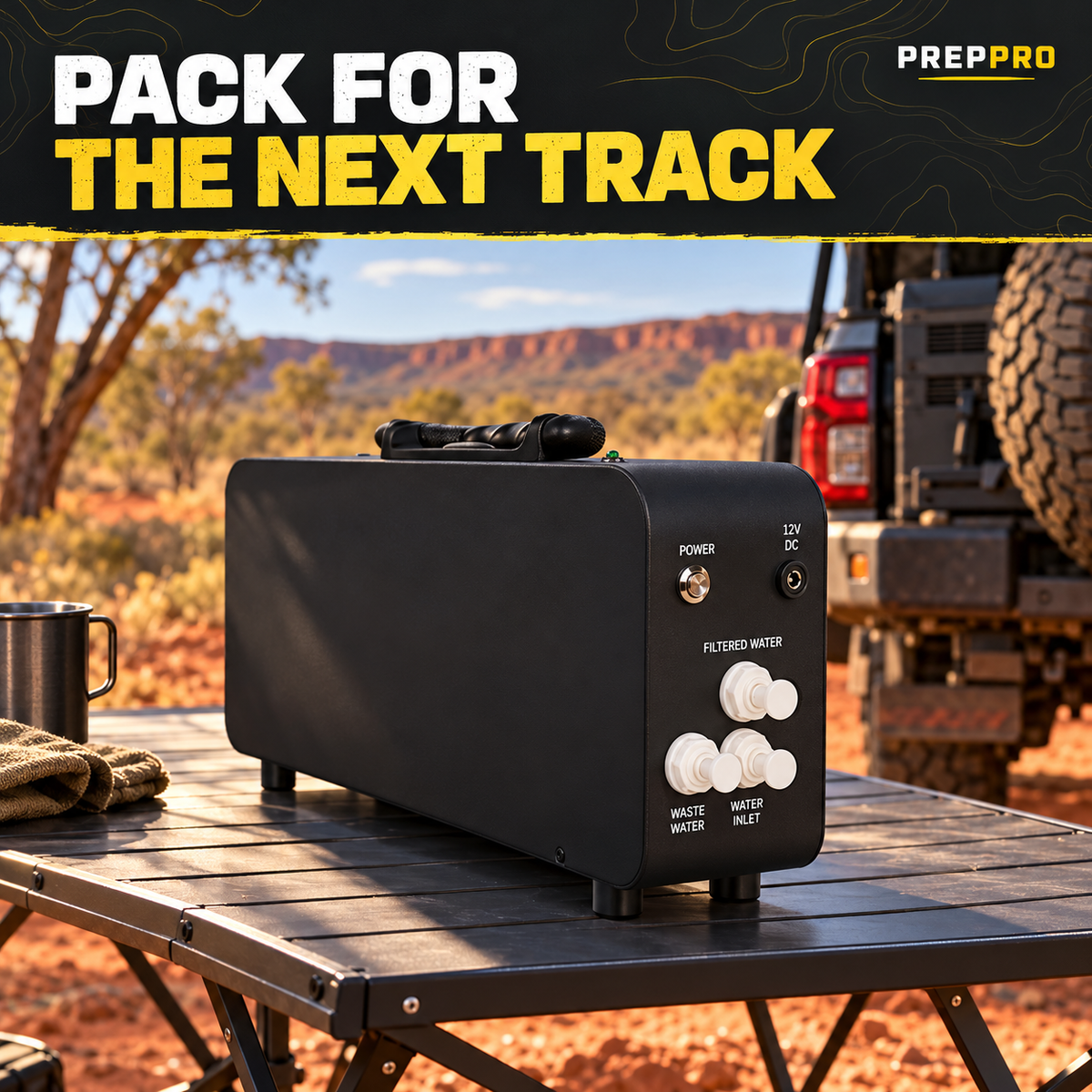 Portable 12V RO filter beside a parked touring 4WD