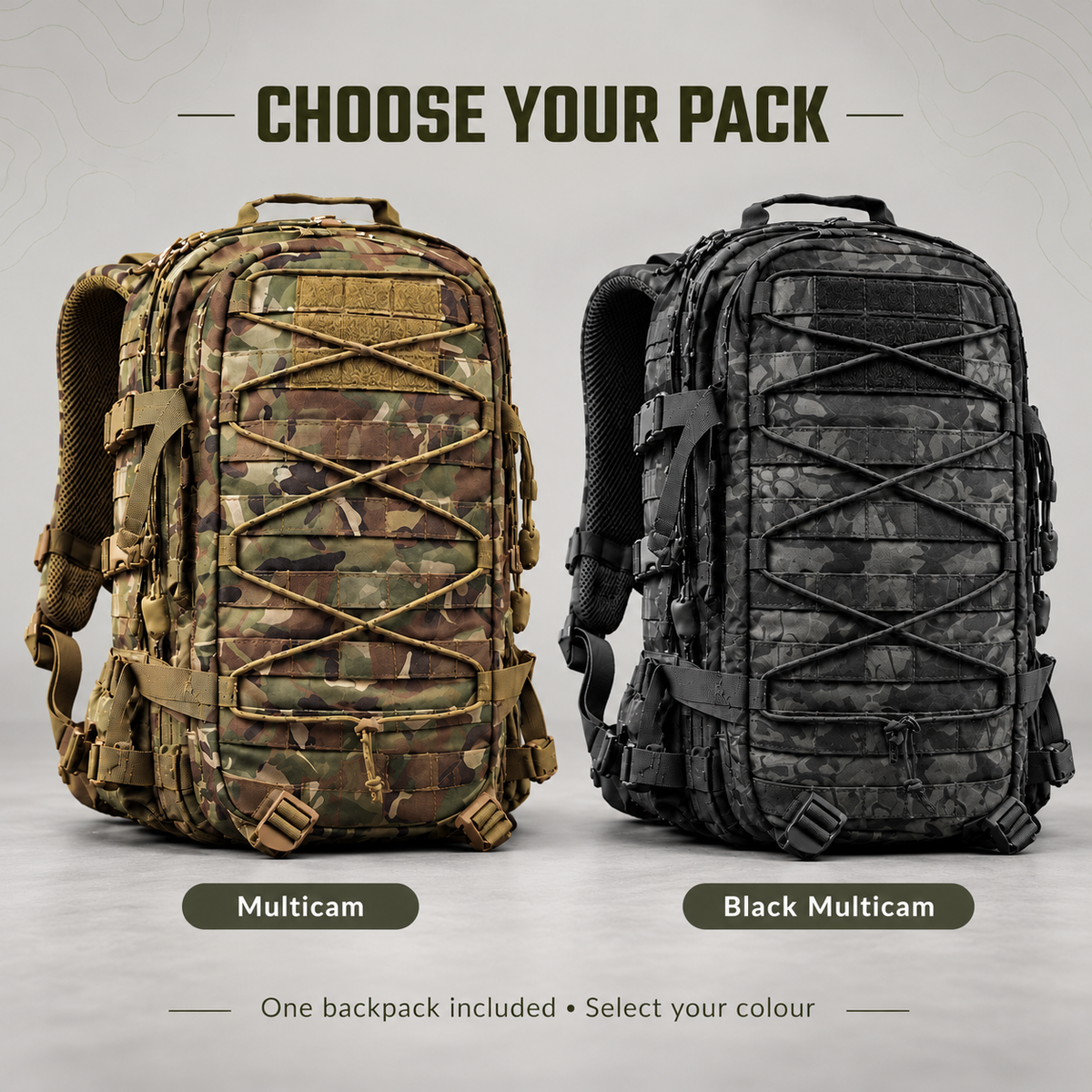 Solo kit 36L backpack options: Multicam and Black Multicam
