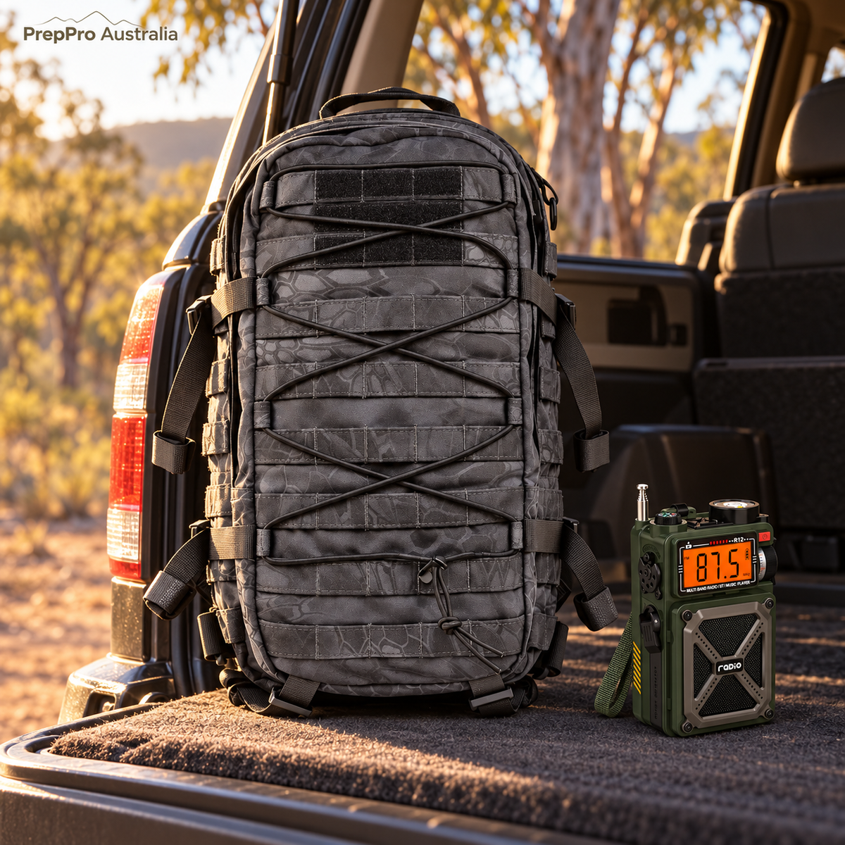 Black Multicam pack and StormSignal radio in a parked 4WD