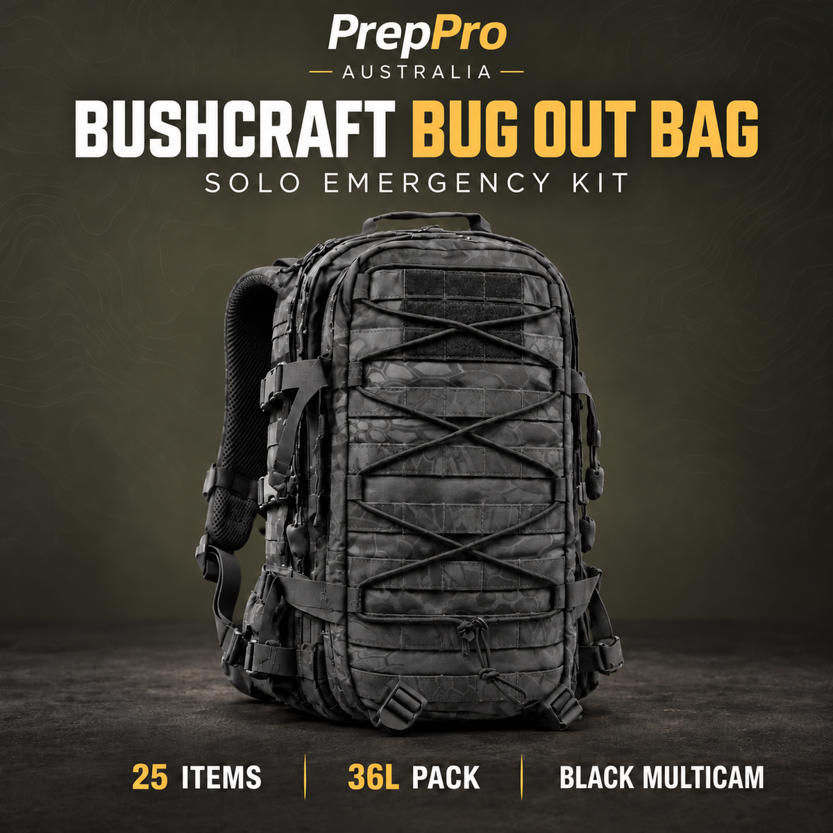 PrepPro Bushcraft Bug Out Bag – Black Multicam, 25-item solo emergency kit
