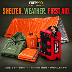 Orange emergency shelter set, green rain poncho and SURVIVAL Handy first aid kit
