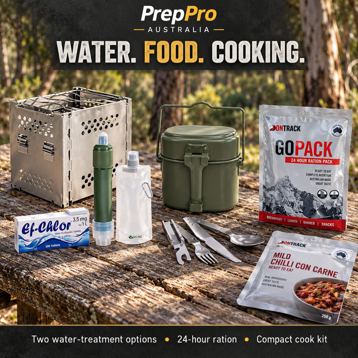 Water treatment, OnTrack ration, folding wood stove and mess tin kit