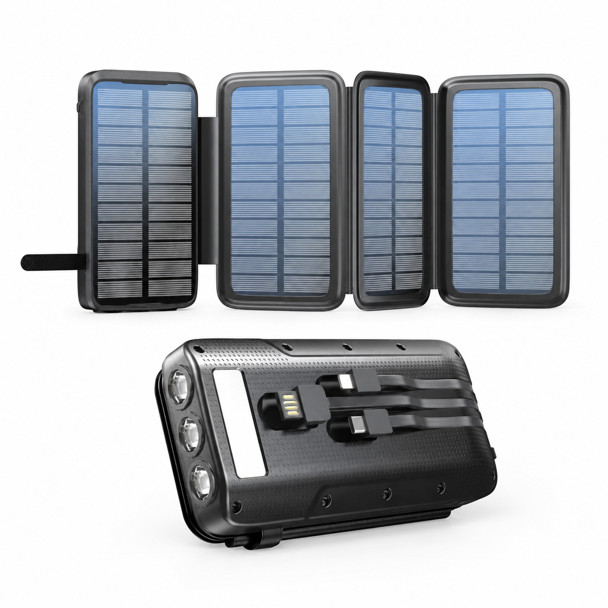 20,000mAh Folding Solar Power Bank – Wireless, IP65 – complete product in square layout