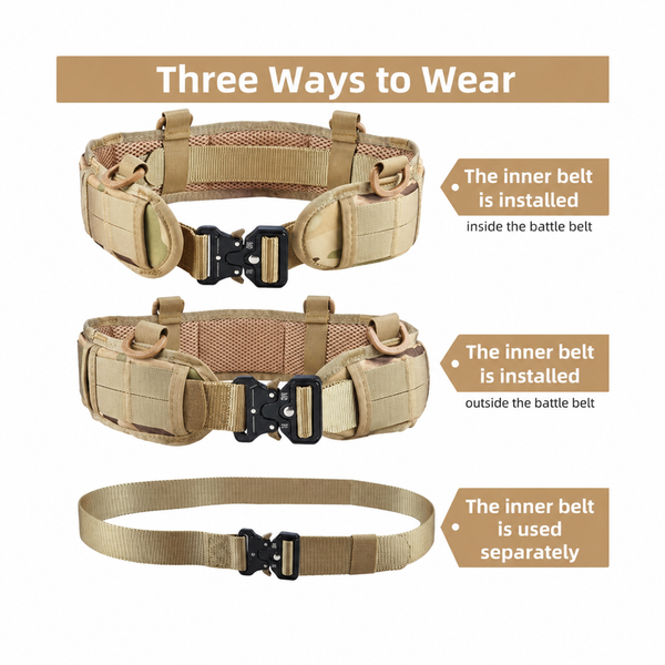 Khaki Adjustable Tactical Battle Belt Set - Padded MOLLE Outer & Nylon Inner Belt