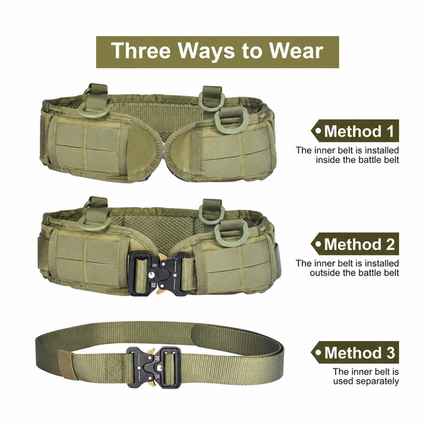 Green Adjustable Tactical Battle Belt Set - Padded MOLLE Outer & Nylon Inner Belt