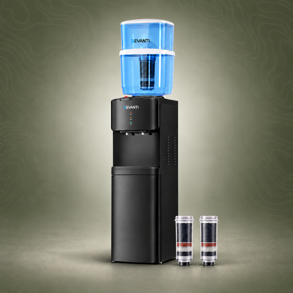 Devanti Water Cooler Dispenser with 22L Filter Bottle, Hot and Cold, Black, with 2 Spare Filters