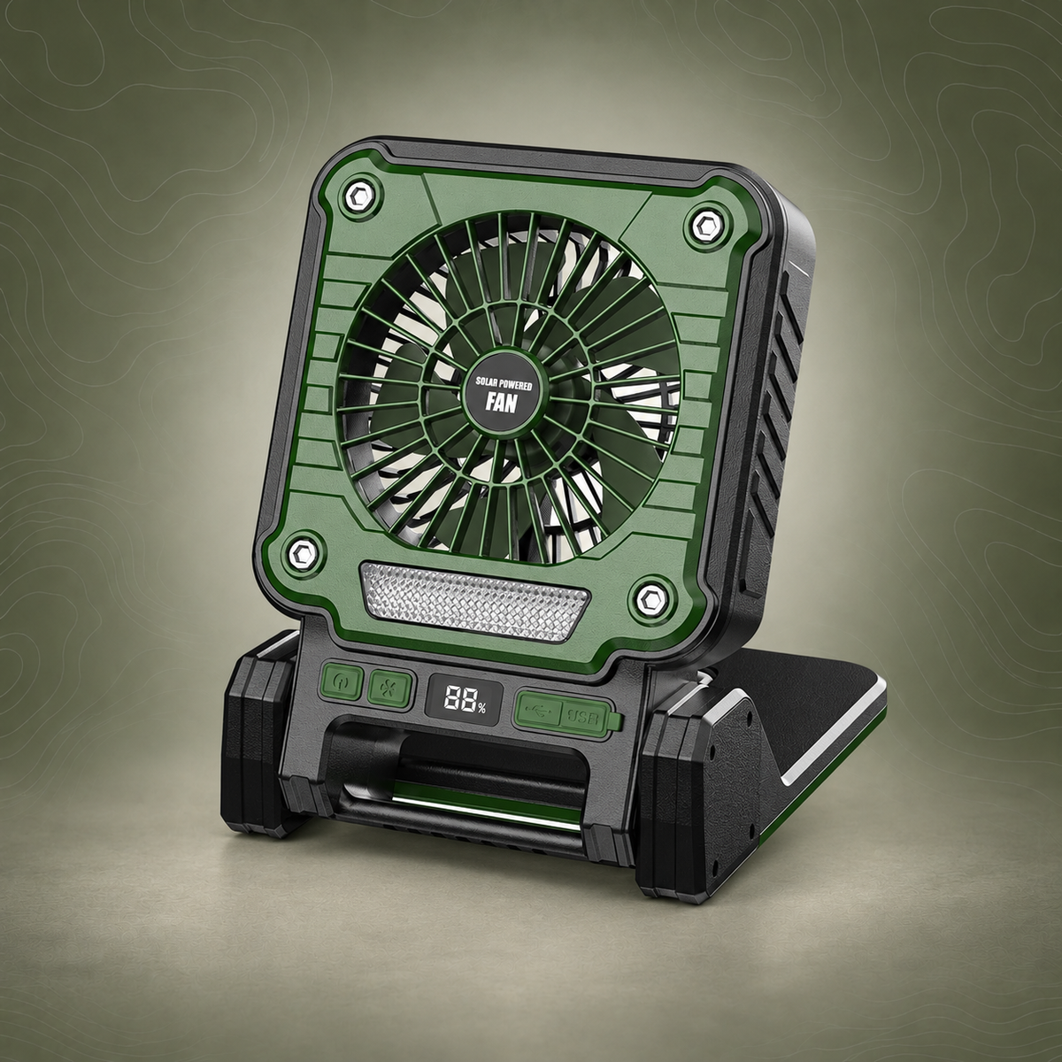 Solar & USB Rechargeable Camping Fan with LED Light, Green