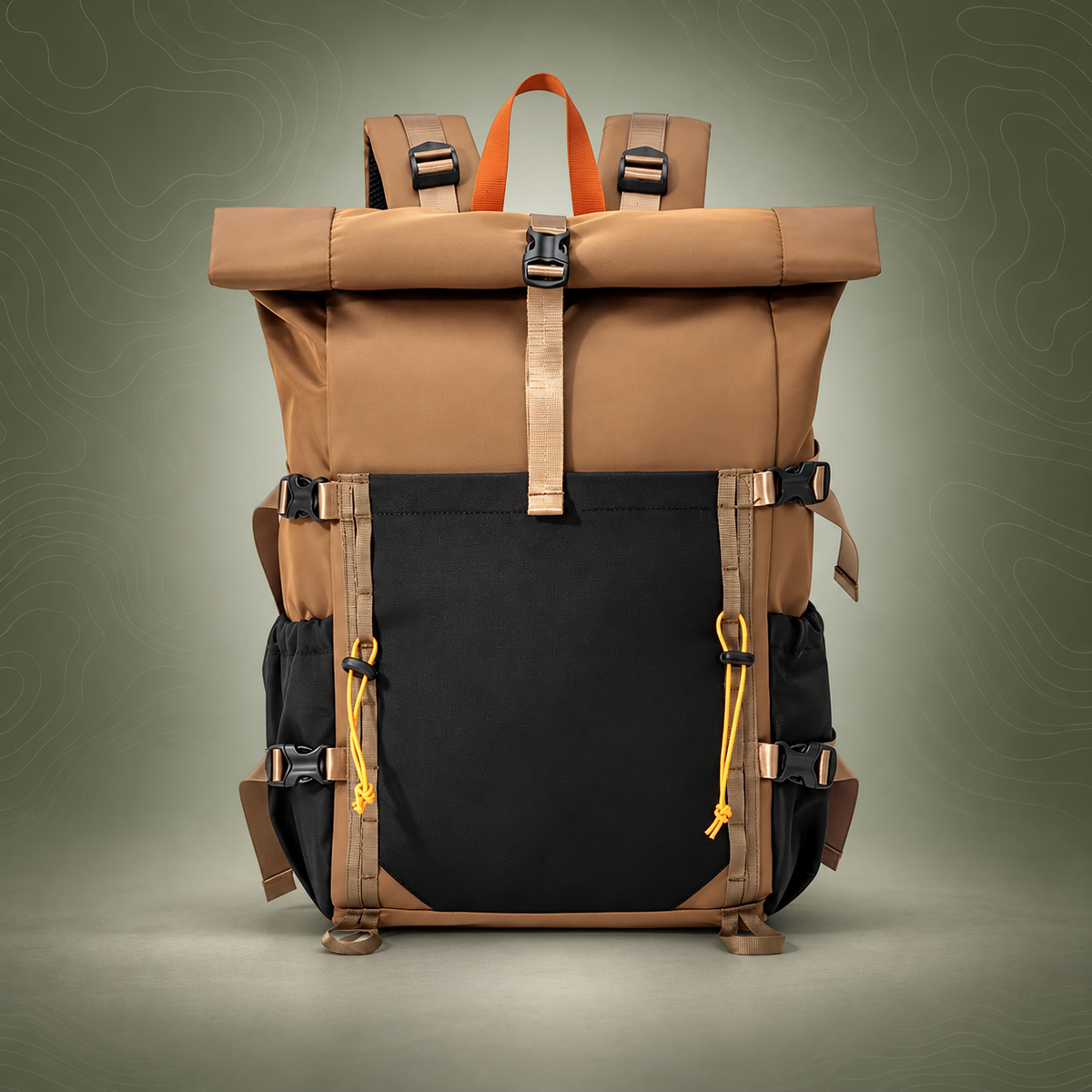 Waterproof Nylon Roll-Top Backpack, 22-28L Expandable, Brown