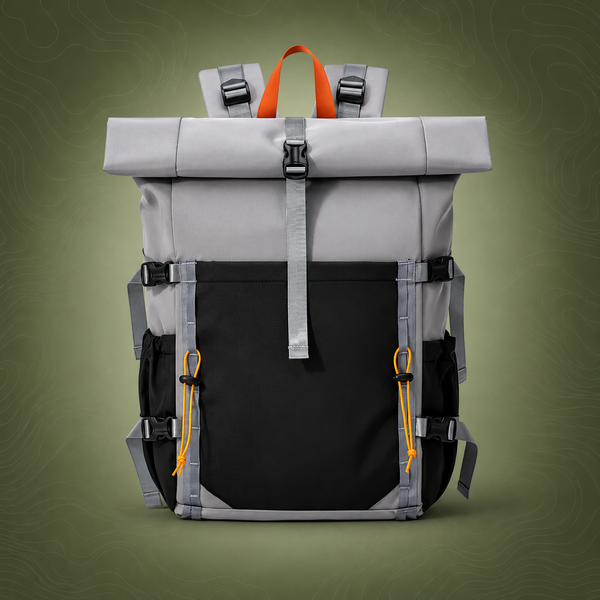 Waterproof Nylon Roll-Top Backpack, 22-28L Expandable, Grey