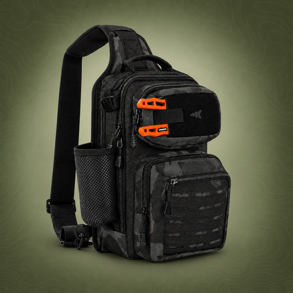 MOLLE Fishing Sling Bag with Rod Holder, Black Camo