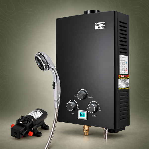 Thermomate Portable Gas Hot Water System with 12V Pump & Shower, Black