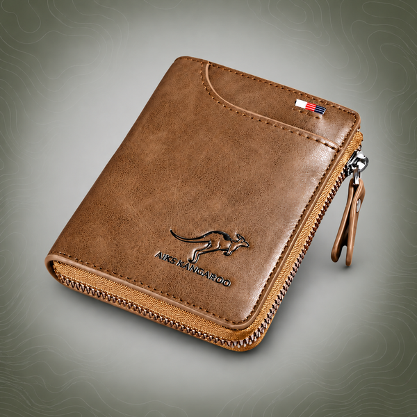 Men's RFID Blocking Short Wallet, PU Leather Zip Card Holder, Khaki