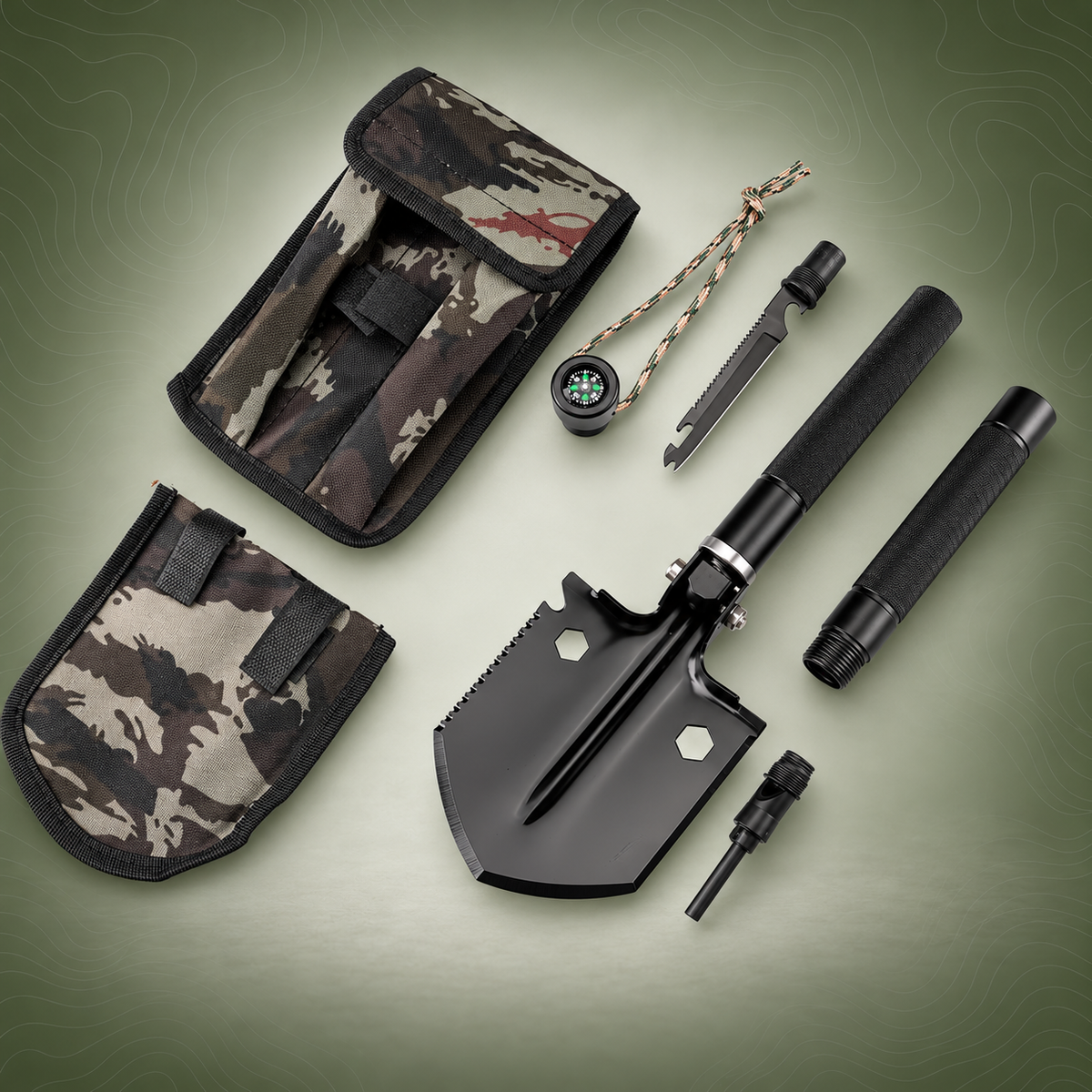 PrepPro Survival Shovel Kit – All‑Terrain Outdoor Multi‑Tool on subtle topography background