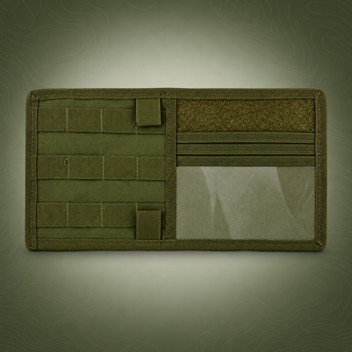 Army Green Tactical Molle Car Sun Visor Organizer on subtle topographic background