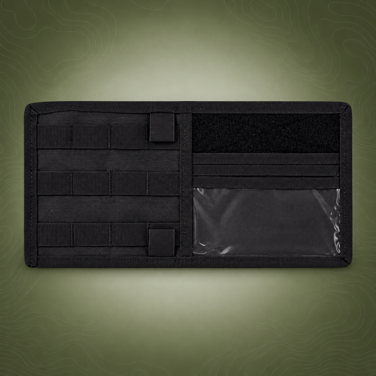 Black Tactical Molle Car Sun Visor Organizer Panel on subtle topographic background