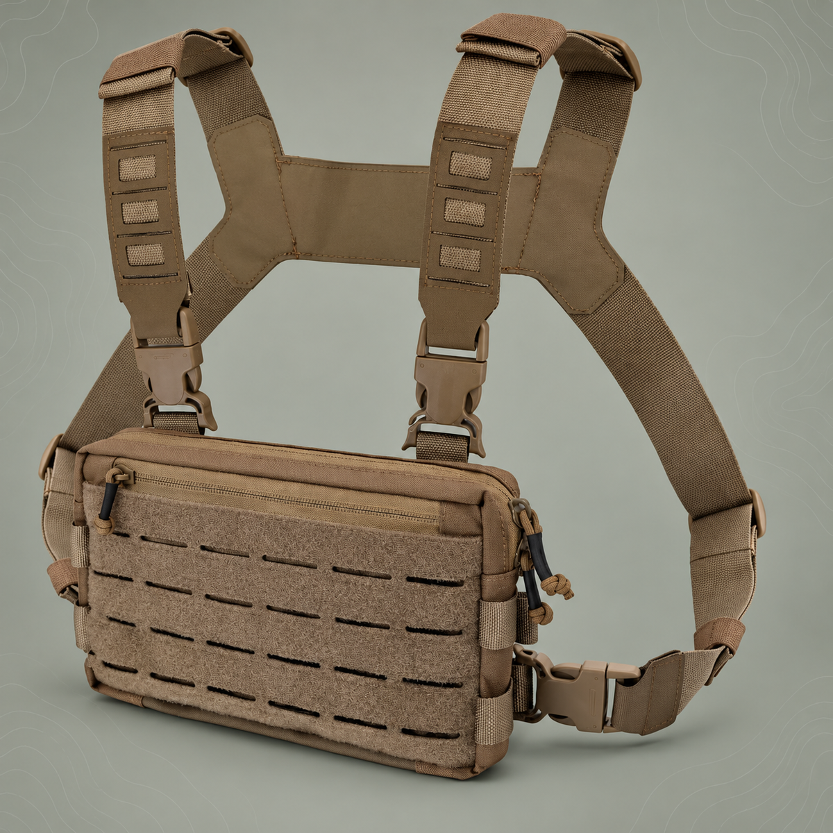 Khaki Minimalist Tactical Chest Rig - Lightweight Recon Pouch on subtle grey-green topographic background