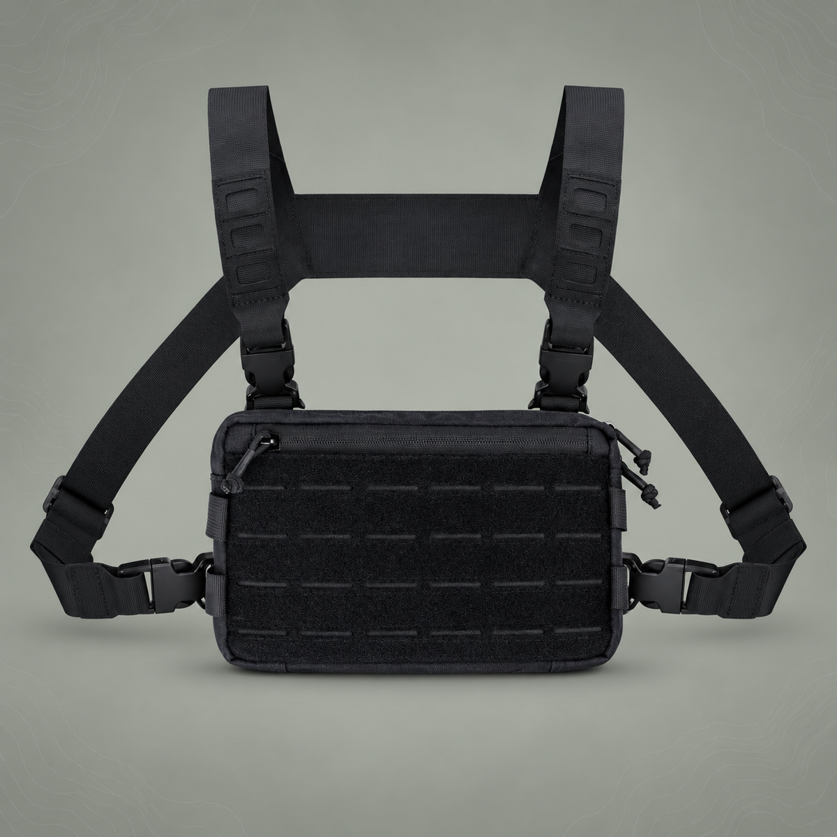 Black Minimalist Tactical Chest Rig - Lightweight Recon Pouch on subtle grey-green topographic background