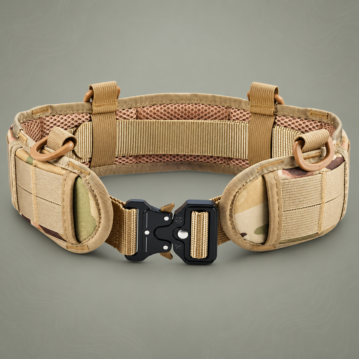 Khaki Adjustable Tactical Battle Belt Set - Padded MOLLE Outer & Nylon Inner Belt on subtle grey-green topographic background