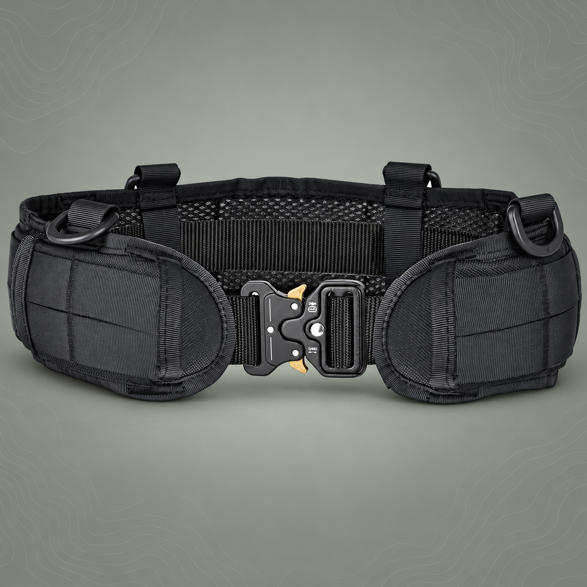 Black Adjustable Tactical Battle Belt Set - Padded MOLLE Outer Belt & Nylon Inner Belt on subtle grey-green topographic background