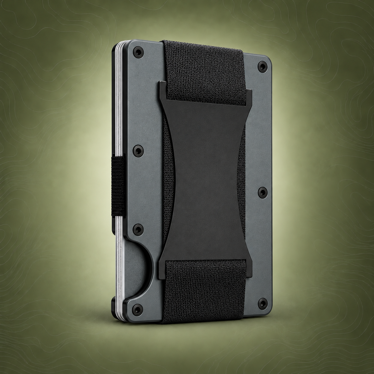 Dark grey Slim RFID Blocking Aluminum Card Holder on PrepPro subtle topographic background