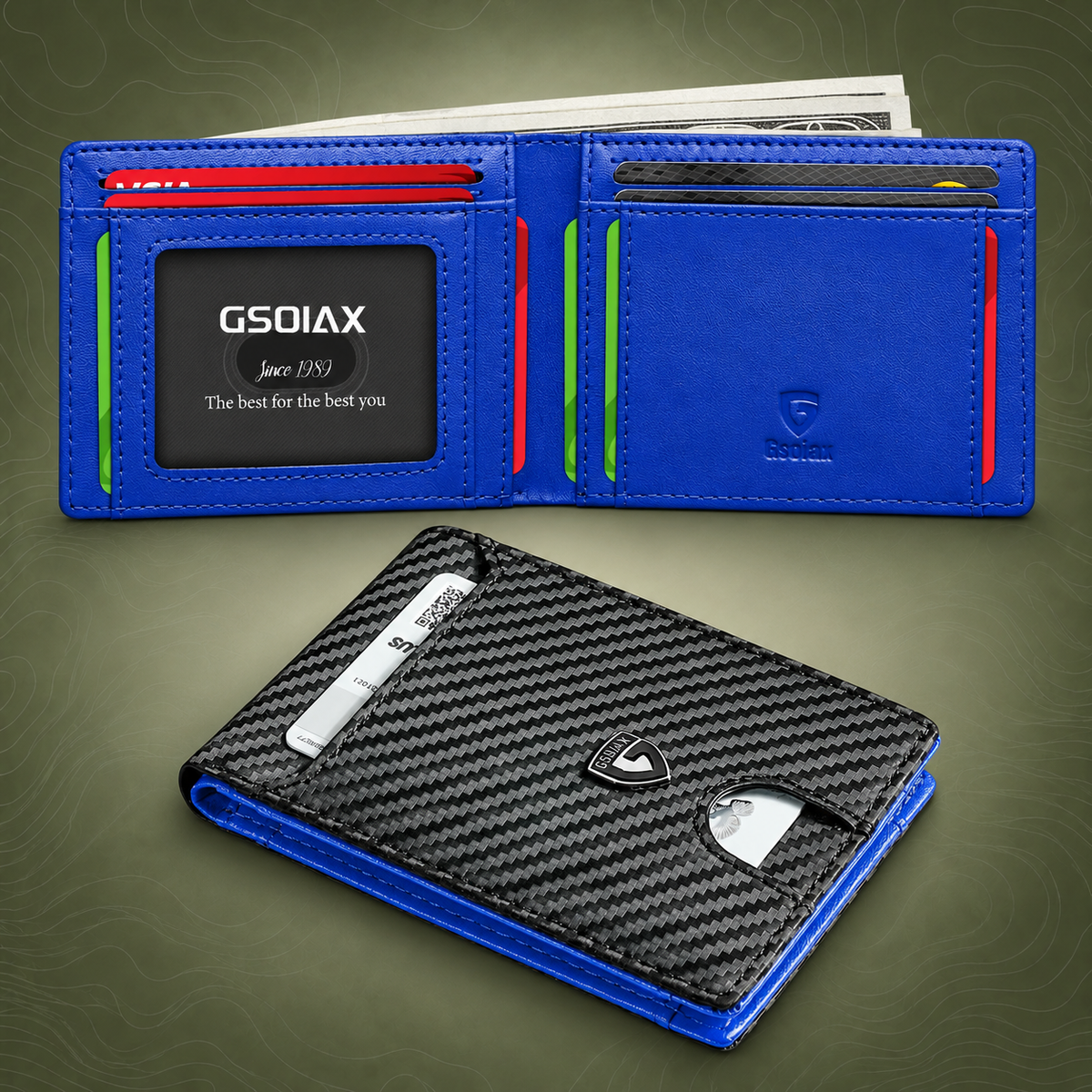 Slim Leather Bifold Wallet - RFID Blocking Blue on PrepPro subtle topography background