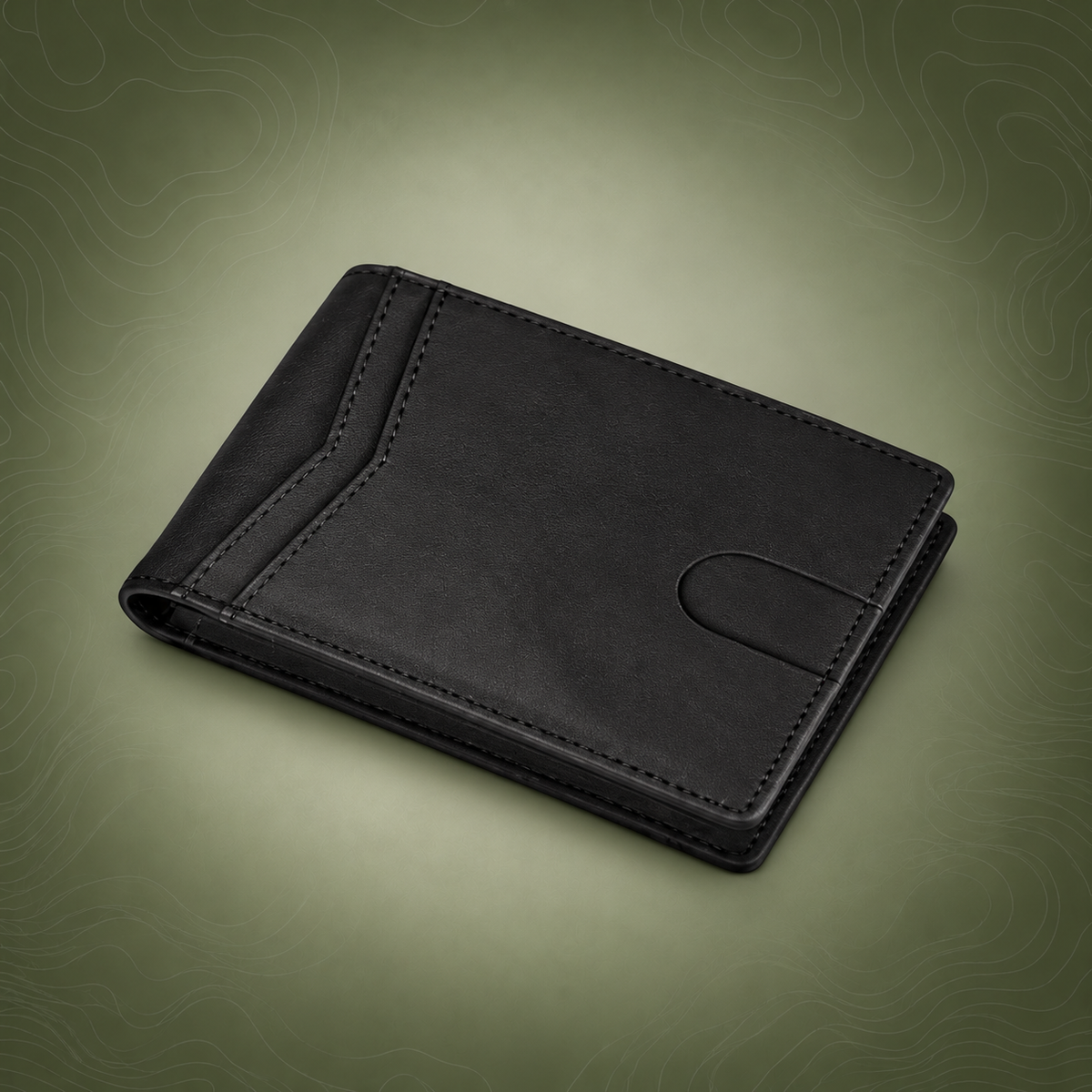 Black Genuine Leather RFID Blocking Trifold Wallet - Premium Men's Everyday Carry Wallet on subtle topographic background