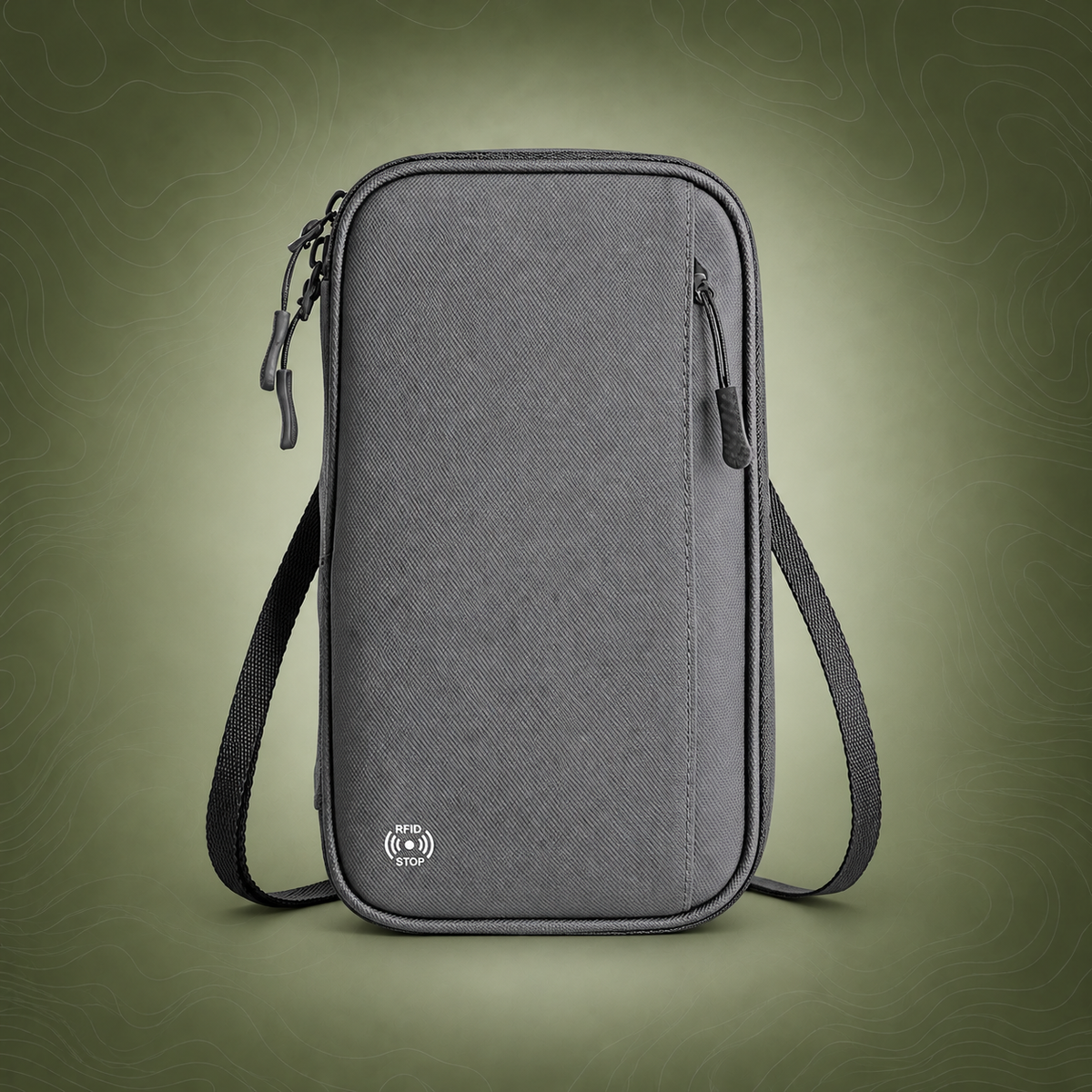 Grey RFID Blocking Travel Wallet on subtle topographic background