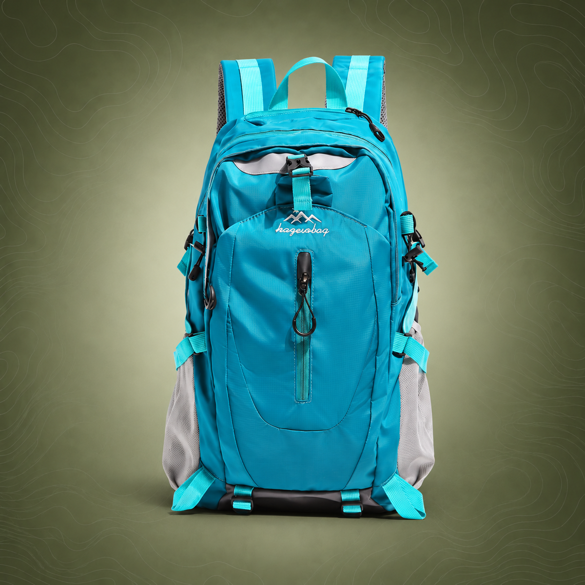 Blue Outdoor Hiking Backpack - Lightweight Nylon Daypack on subtle topographic background