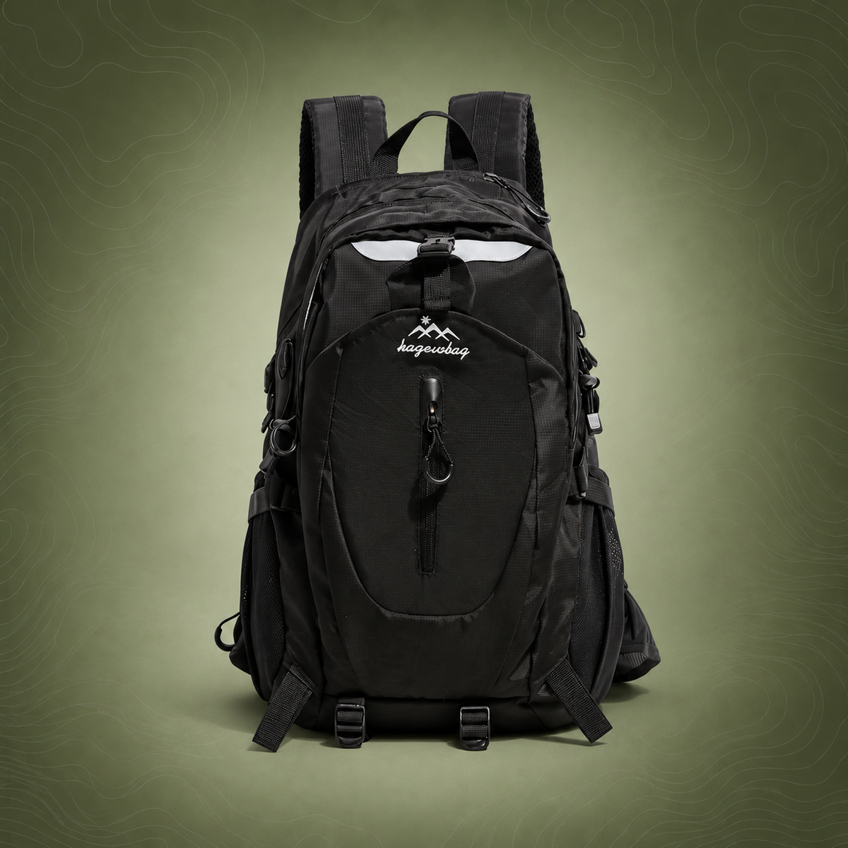 Black Outdoor Hiking Backpack - Lightweight Nylon Daypack on subtle topographic background