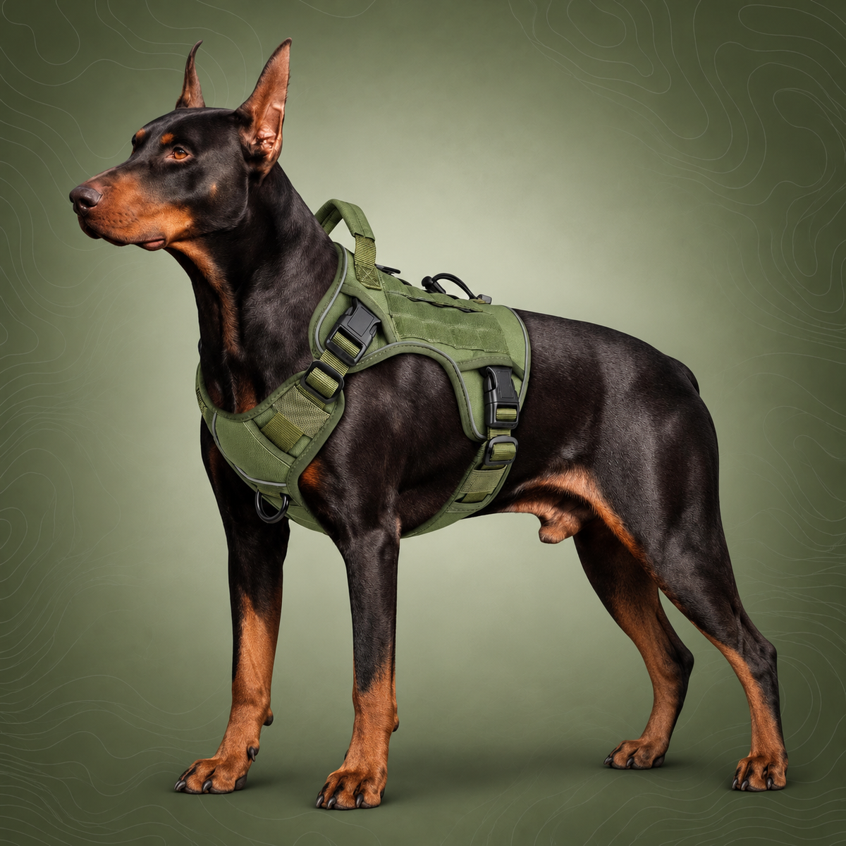 Dog Harness Large Dog No Pull Reflective Adjustable Pet Vest with Handle - Army Green M on subtle topographic background