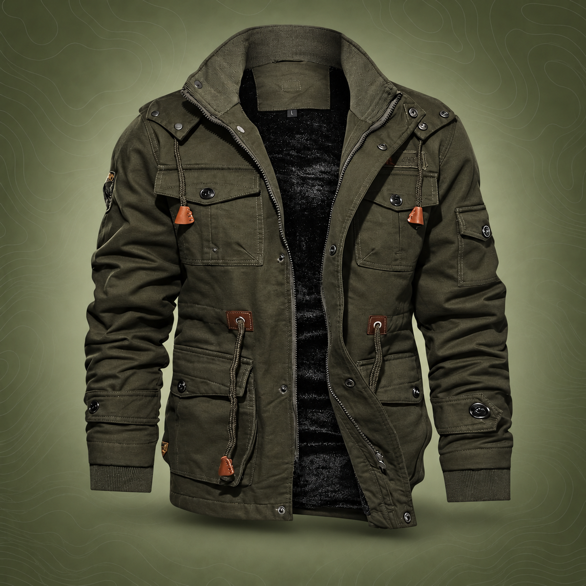 MOOGEN Men Thickened Hooded Jacket Winter Casual Army Green XXL on subtle topographic background