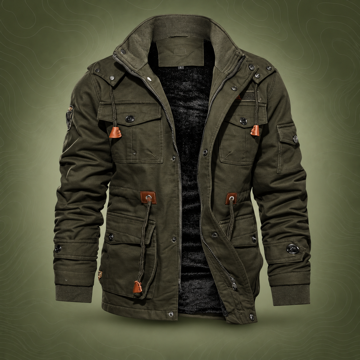 MOOGEN Men Thickened Hooded Jacket Winter Casual Army Green L on subtle topographic background