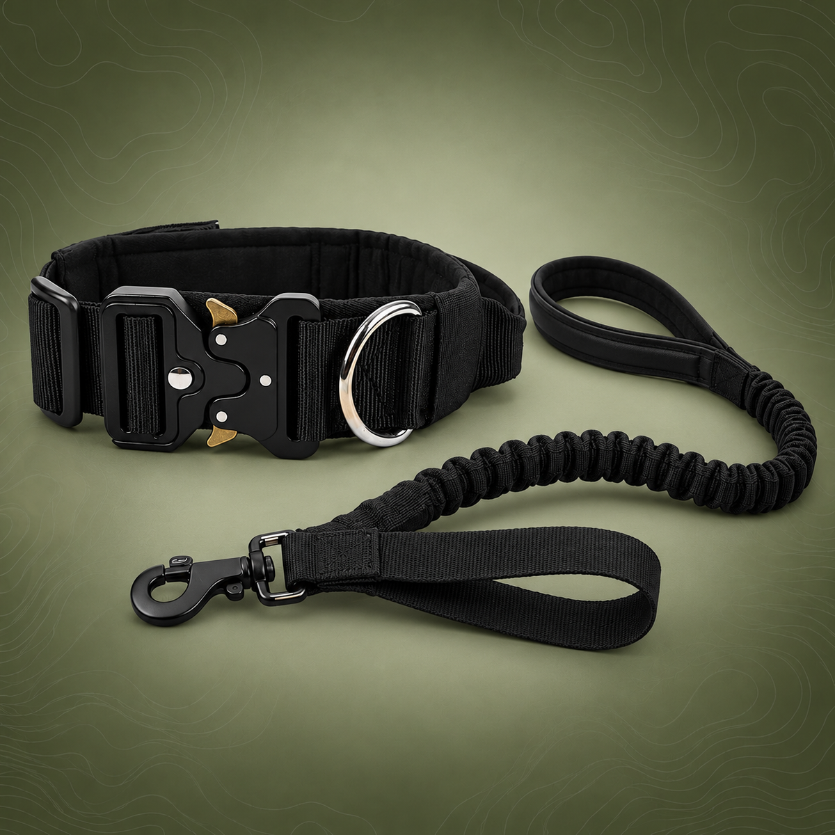 Black Tactical Dog Collar and Bungee Lead Set (XL size)