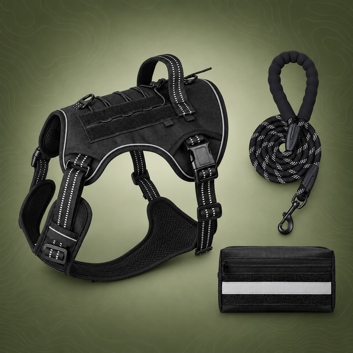 3-Piece Black Tactical Dog Harness Set (XL Size)