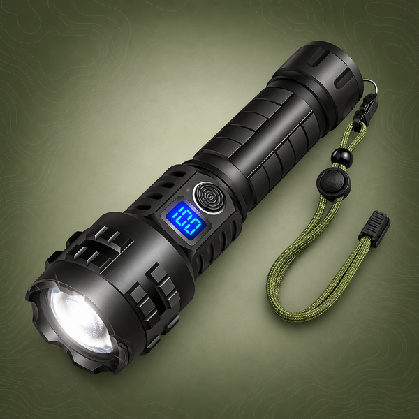 High-Power Rechargeable Zoom LED Flashlight – 500m Spotlight, Power Display & USB Charging
