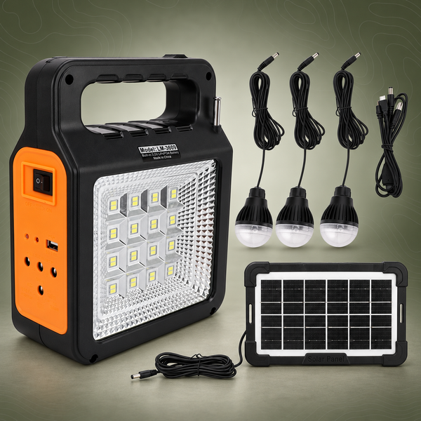 6000mAh Solar Emergency Lighting & Power Kit – Radio, MP3, 3 Bulbs & USB Charging