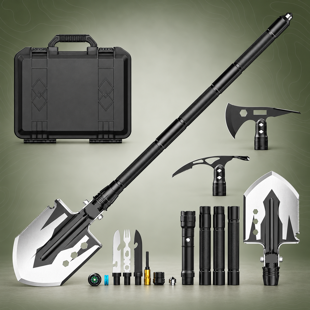 Emergency Camping Multifunctional Shovel on subtle topography background