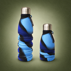 Collapsible Silicone Water Bottle with Carabiner, 550ml/300ml, Camouflage Blue