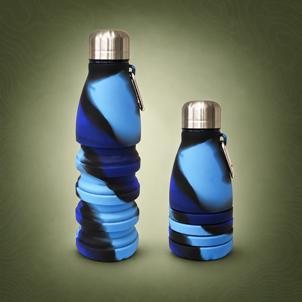 Collapsible Silicone Water Bottle with Carabiner, 550ml/300ml, Camouflage Blue