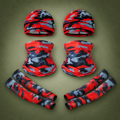 Two Pack Cooling UV Protection Set with Skull Cap, Gaiter & Sleeves, Red & Grey Camo