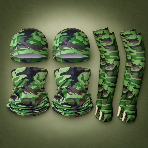 Two pack Cooling UV Protection Set with Skull Cap, Gaiter & Sleeves, Green Camo