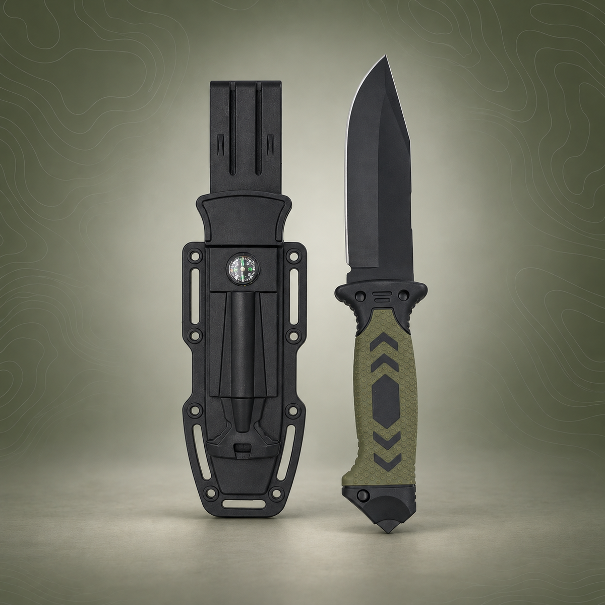 Striker knife with green handle and compass sheath