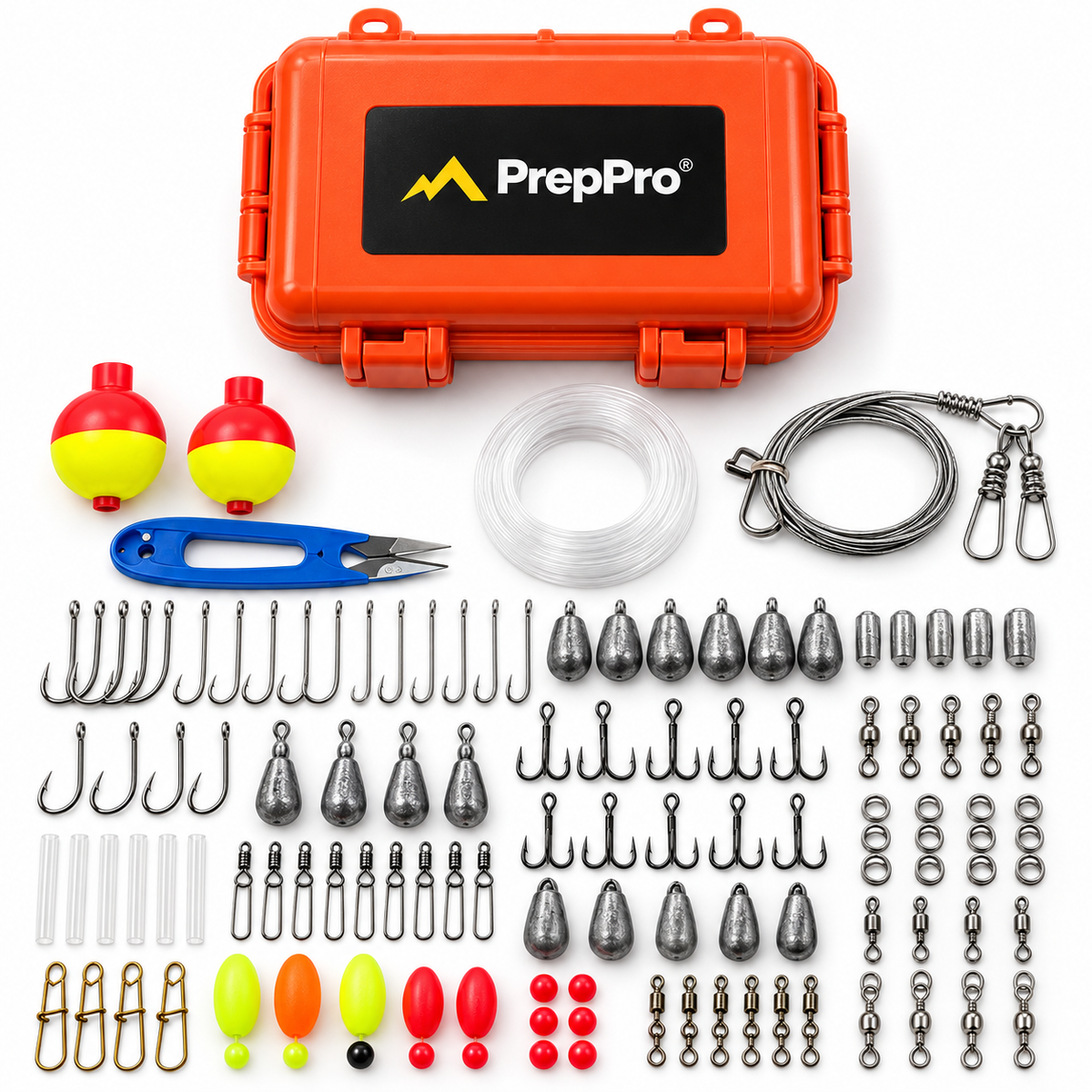 90-piece survival fishing tackle kit contents on a clean white background