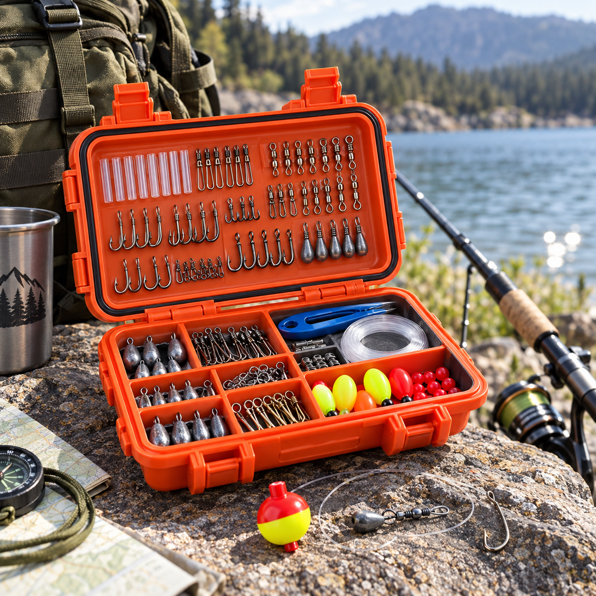 Waterproof survival fishing kit set up at a lakeside campsite