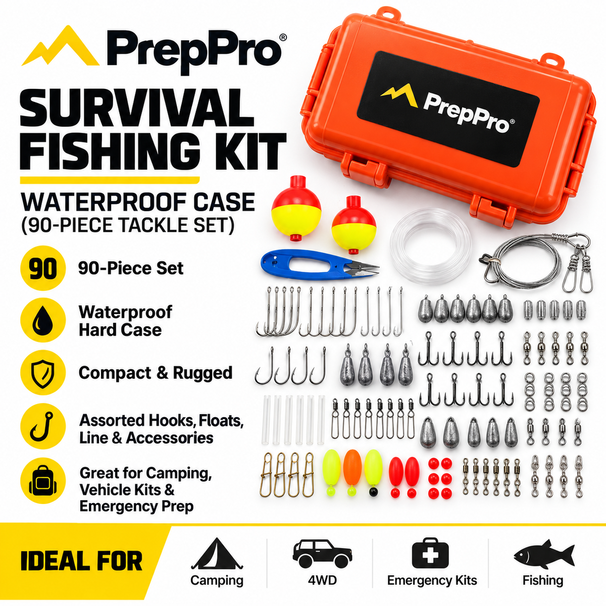 PrepPro survival fishing kit 90-piece tackle set in waterproof hard case