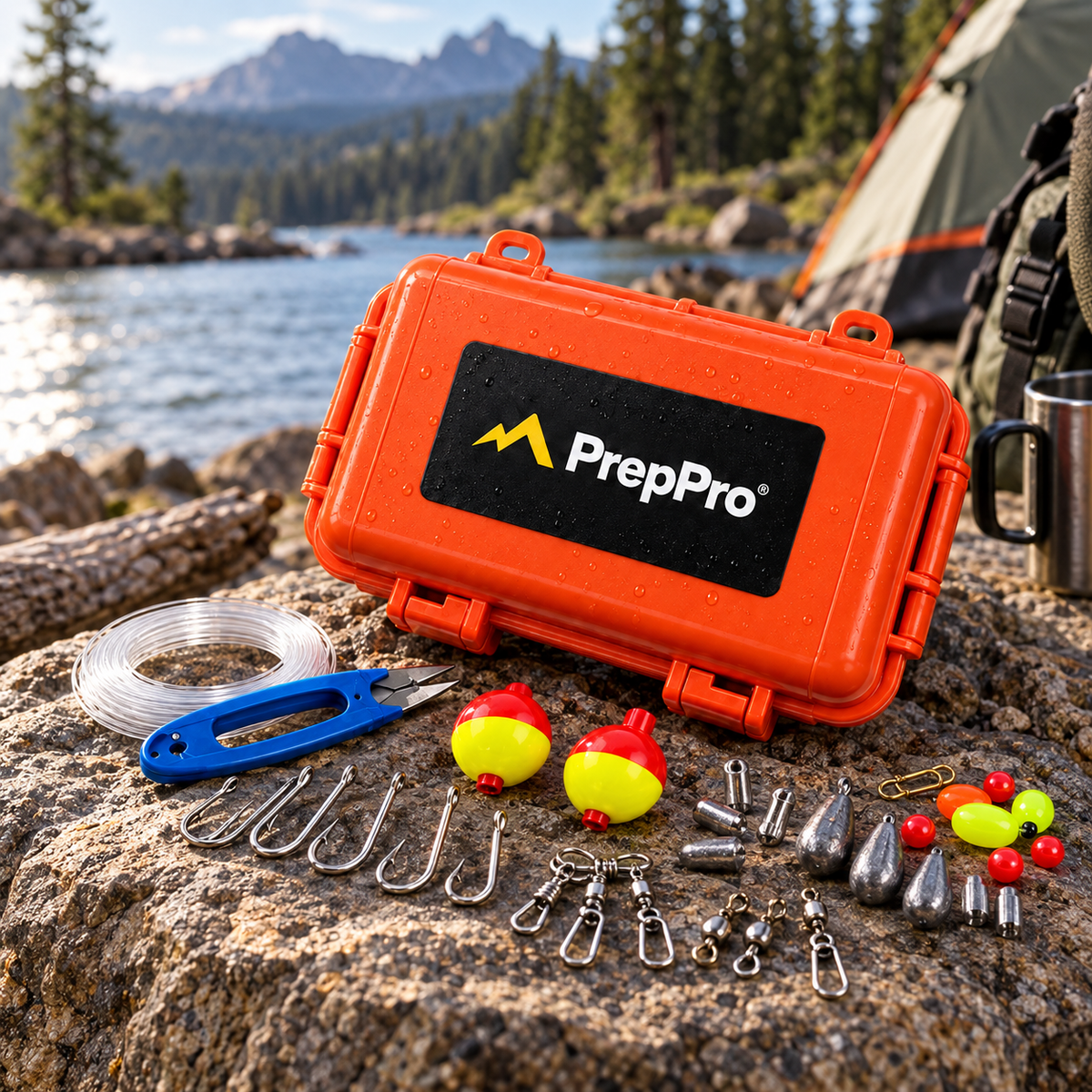 Open orange survival fishing tackle case with hooks line floats and accessories