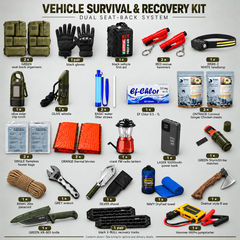 Itemised vehicle survival and recovery kit contents with quantities, green organisers