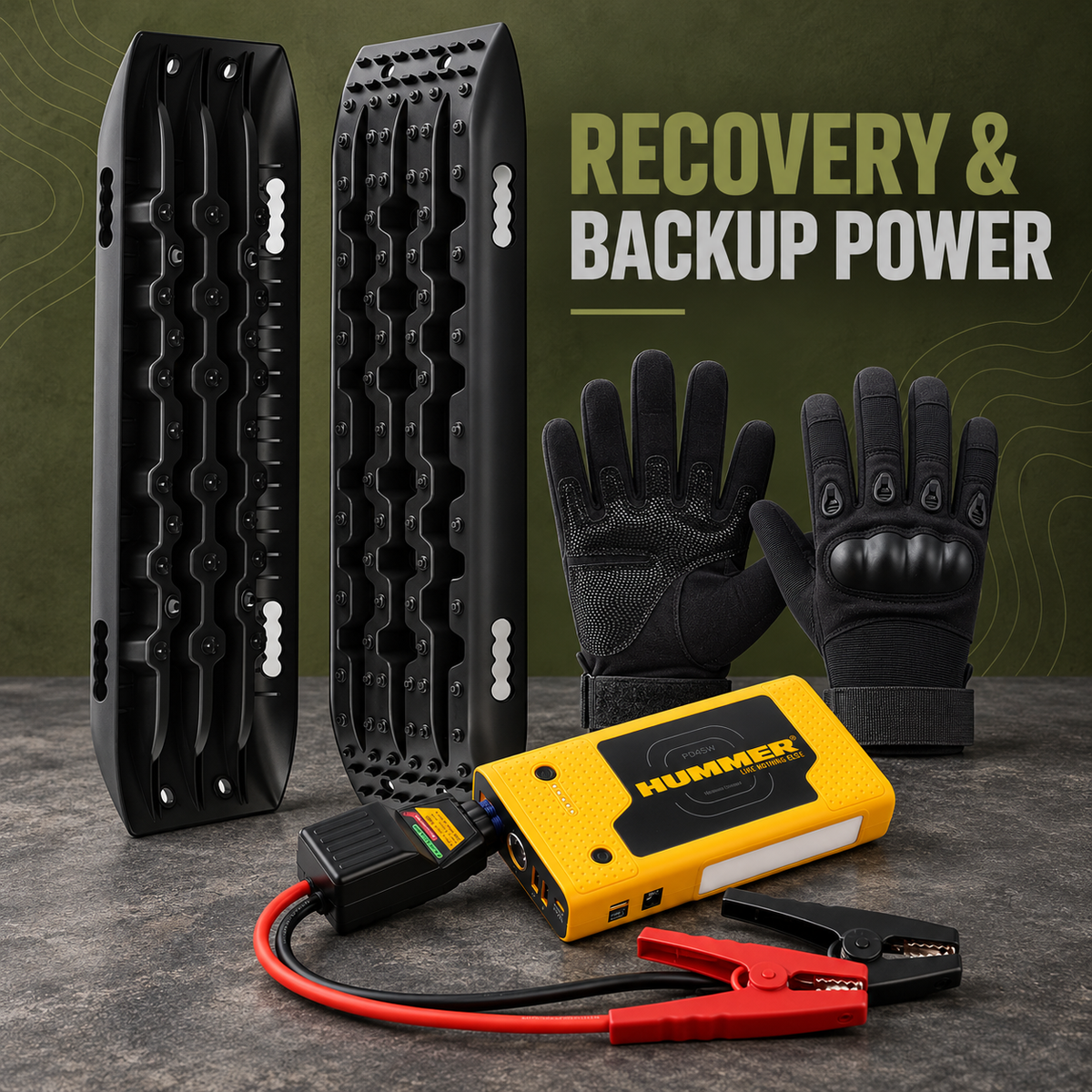 Black recovery tracks, Hummer jump starter and utility gloves