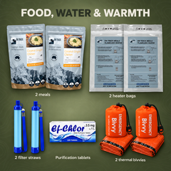 Vehicle kit meals, heater bags, water filters and orange thermal bivvies